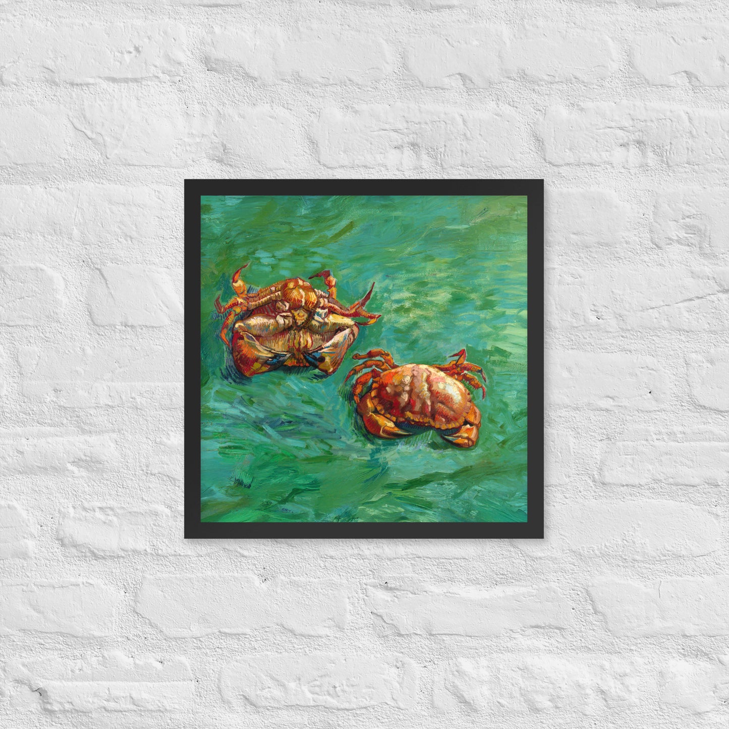 Van Gogh's 'Two Crabs' on a 16"x16" black framed poster print on a white brick wall.