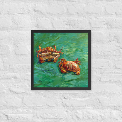 Van Gogh's 'Two Crabs' on a 16"x16" black framed poster print on a white brick wall.
