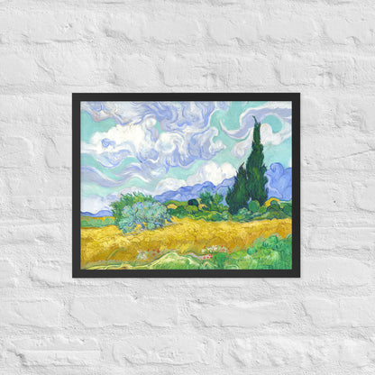 Van Gogh's 'Wheat Field with Cypresses' on a 16"x20" black framed poster print on a white brick wall.