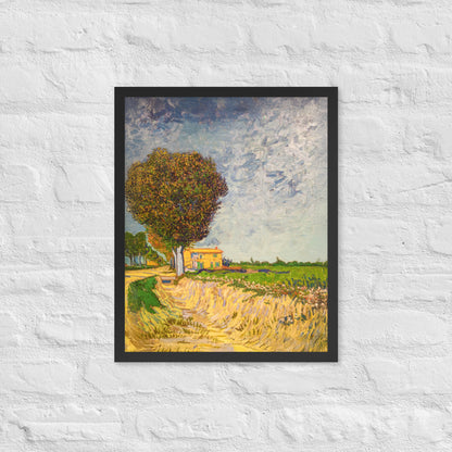 Van Gogh's 'A Lane near Arles' on a 16"x20" black framed poster print on a white brick wall.