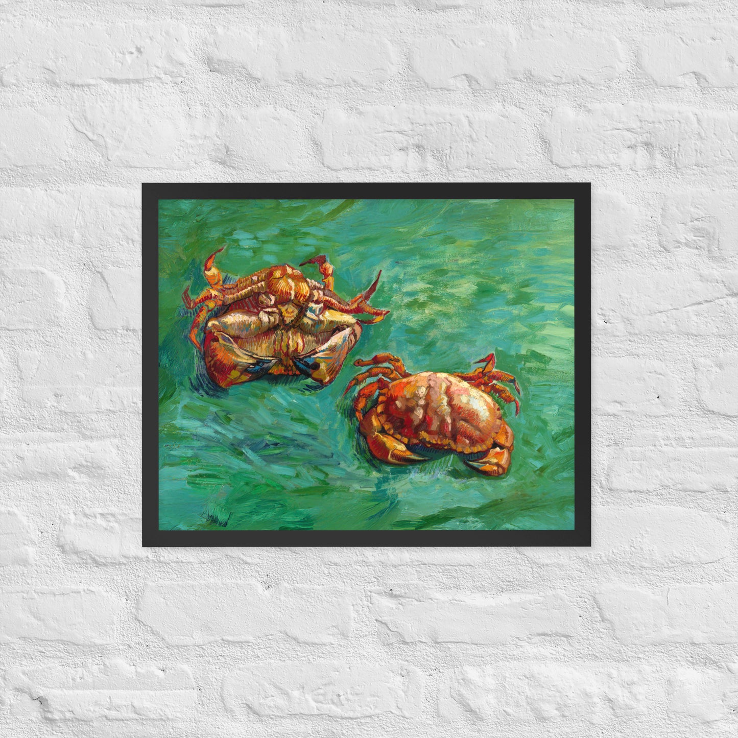 Van Gogh's 'Two Crabs' on a 16"x20" black framed poster print on a white brick wall.