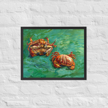 Van Gogh's 'Two Crabs' on a 16"x20" black framed poster print on a white brick wall.
