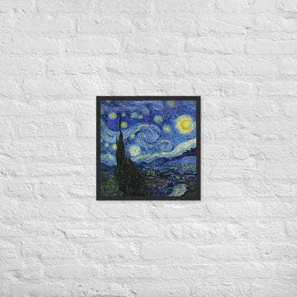 Van Gogh's 'Starry Night' on a 18"x18" black framed poster print on a white brick wall.