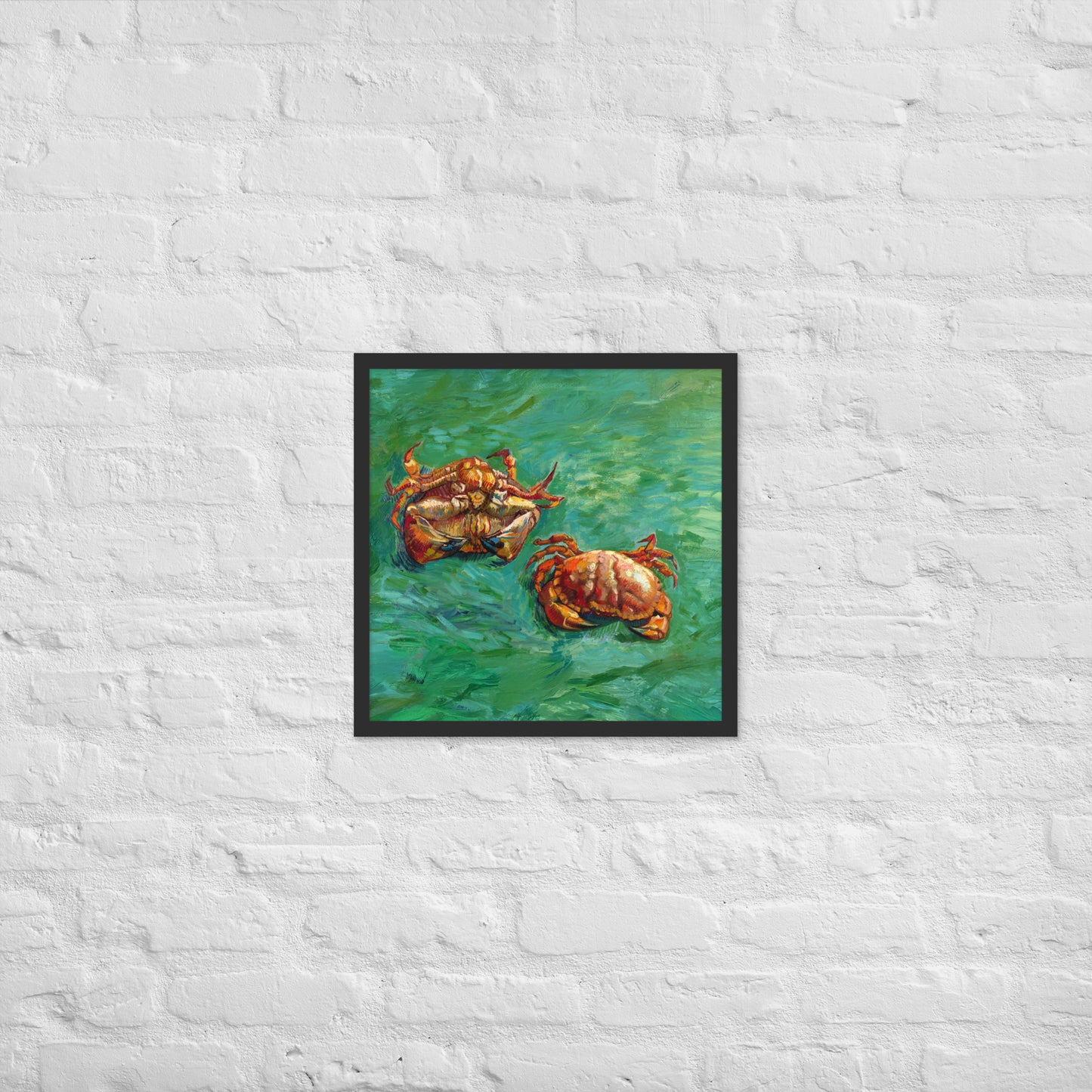 Van Gogh's 'Two Crabs' on a 18"x18" black framed poster print on a white brick wall.
