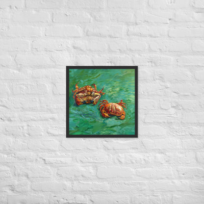 Van Gogh's 'Two Crabs' on a 18"x18" black framed poster print on a white brick wall.