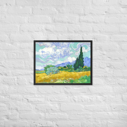 Van Gogh's 'Wheat Field with Cypresses' on a 18"x24" black framed poster print on a white brick wall.