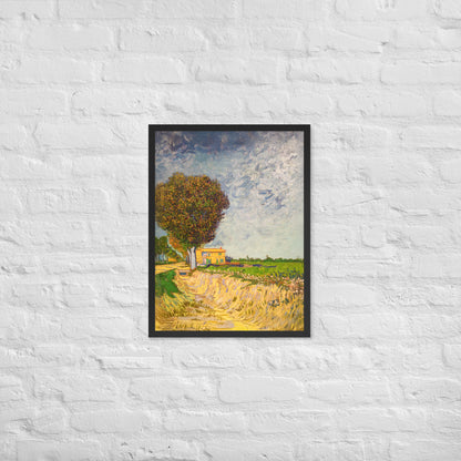 Van Gogh's 'A Lane near Arles' on a 18"x24" black framed poster print on a white brick wall.