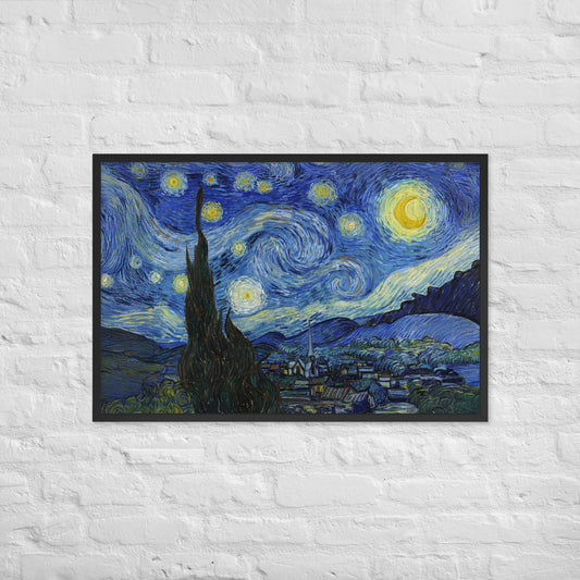 Van Gogh's 'Starry Night' on a 24"x36" black framed poster print on a white brick wall.