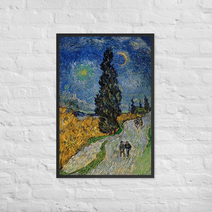 Van Gogh's 'Road with Cypress and Star' on a 24"x36" black framed poster print on a white brick wall.