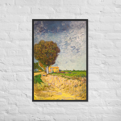 Van Gogh's 'A Lane near Arles' on a 24"x36" black framed poster print on a white brick wall.