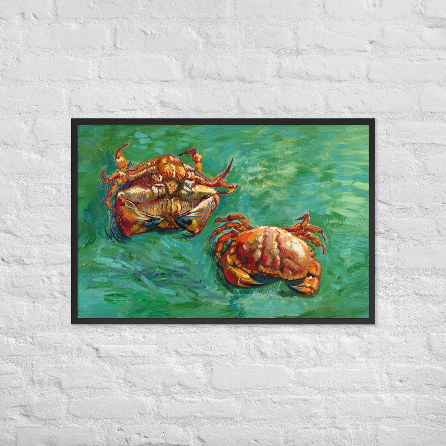 Van Gogh's 'Two Crabs' on a 24"x36" black framed poster print on a white brick wall.