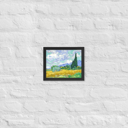 Van Gogh's 'Wheat Field with Cypresses' on a 8"x10" black framed poster print on a white brick wall.