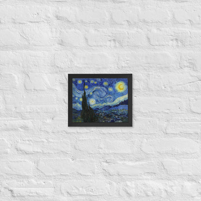 Van Gogh's 'Starry Night' on a 8"x10" black framed poster print on a white brick wall.