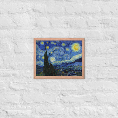 Van Gogh's 'Starry Night' on a 11"x14" red oak framed poster print on a white brick wall.