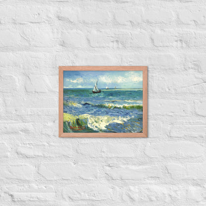 Van Gogh's 'The Sea at Les Saintes-Maries-de-la-Mer' on a 11"x14" red oak framed poster print on a white brick wall.