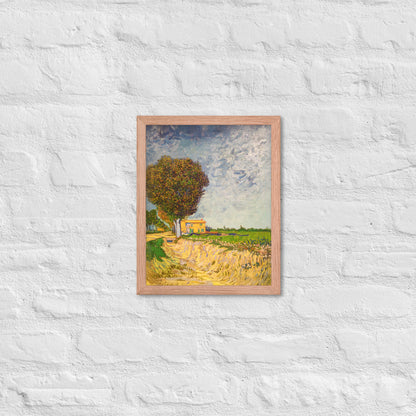 Van Gogh's 'A Lane near Arles' on a 11"x14" red oak framed poster print on a white brick wall.