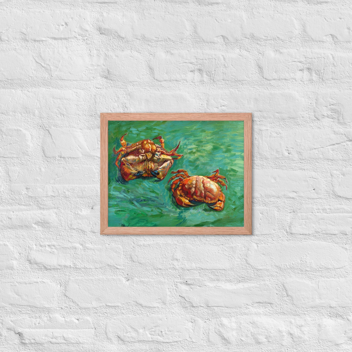 Van Gogh's 'Two Crabs' on a 11"x14" red oak framed poster print on a white brick wall.