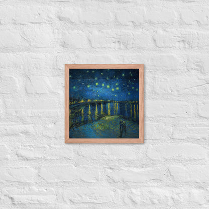 Van Gogh's 'Starry Night Over the Rhone' on a 12"x12" red oak framed poster print on a white brick wall.