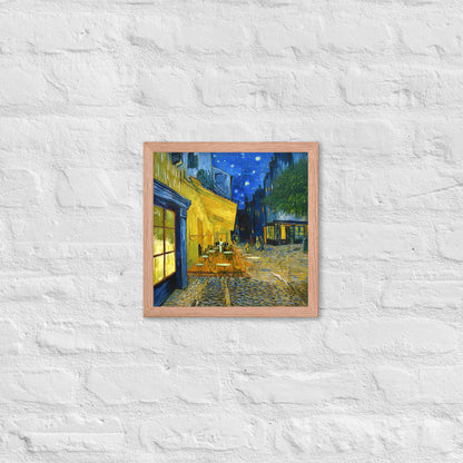 Van Gogh's 'Café Terrace at Night' on a 12"x12" red oak framed poster print on a white brick wall.