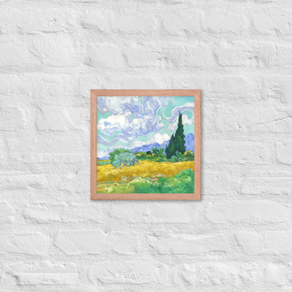 Van Gogh's 'Wheat Field with Cypresses' on a 12"x12" red oak framed poster print on a white brick wall.