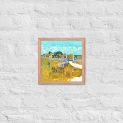 Van Gogh's 'Farmhouse in Provence' on a 12"x12" red oak framed poster print on a white brick wall.
