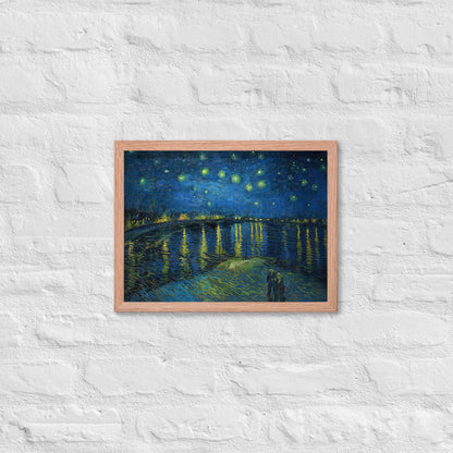 Van Gogh's 'Starry Night Over the Rhone' on a 12"x16" red oak framed poster print on a white brick wall.