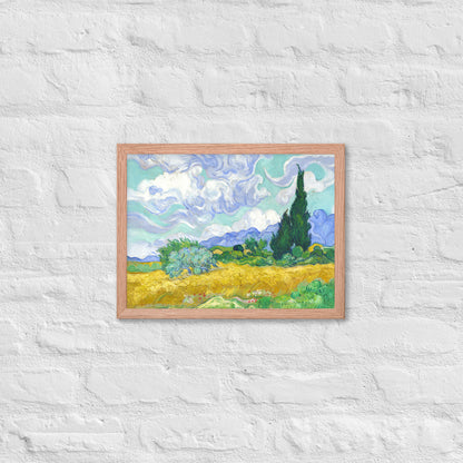 Van Gogh's 'Wheat Field with Cypresses' on a 12"x16" red oak framed poster print on a white brick wall.