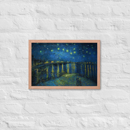 Van Gogh's 'Starry Night Over the Rhone' on a 12"x18" red oak framed poster print on a white brick wall.