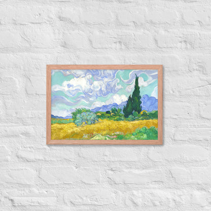 Van Gogh's 'Wheat Field with Cypresses' on a 12"x18" red oak framed poster print on a white brick wall.