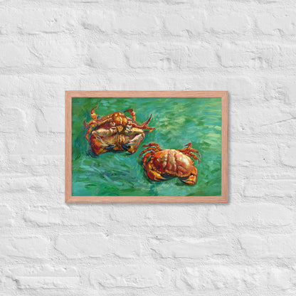 Van Gogh's 'Two Crabs' on a 12"x18" red oak framed poster print on a white brick wall.