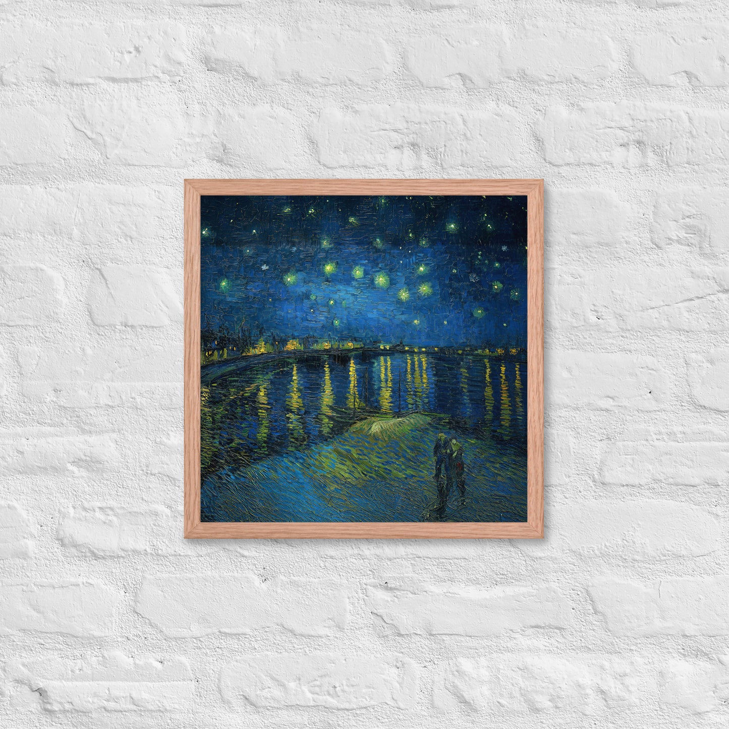 Van Gogh's 'Starry Night Over the Rhone' on a 16"x16" red oak framed poster print on a white brick wall.