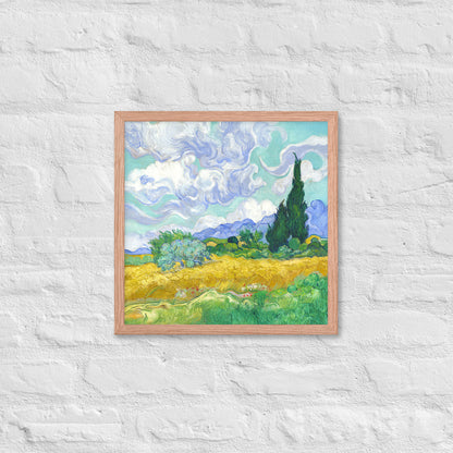 Van Gogh's 'Wheat Field with Cypresses' on a 16"x16" red oak framed poster print on a white brick wall.