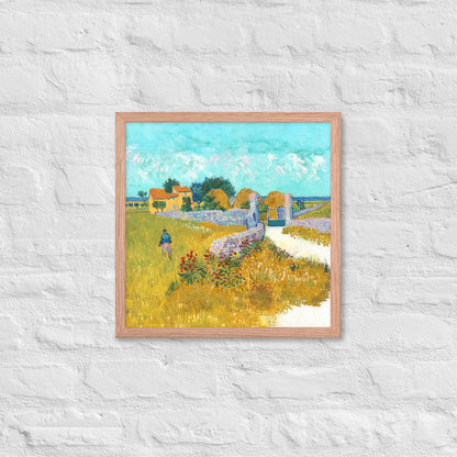 Van Gogh's 'Farmhouse in Provence' on a 16"x16" red oak framed poster print on a white brick wall.