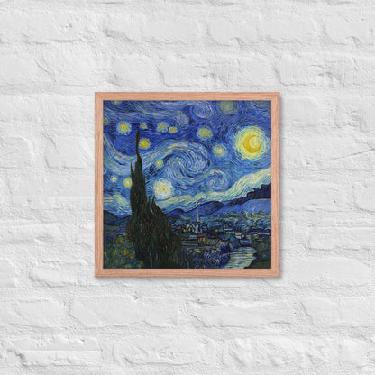 Van Gogh's 'Starry Night' on a 16"x16" red oak framed poster print on a white brick wall.