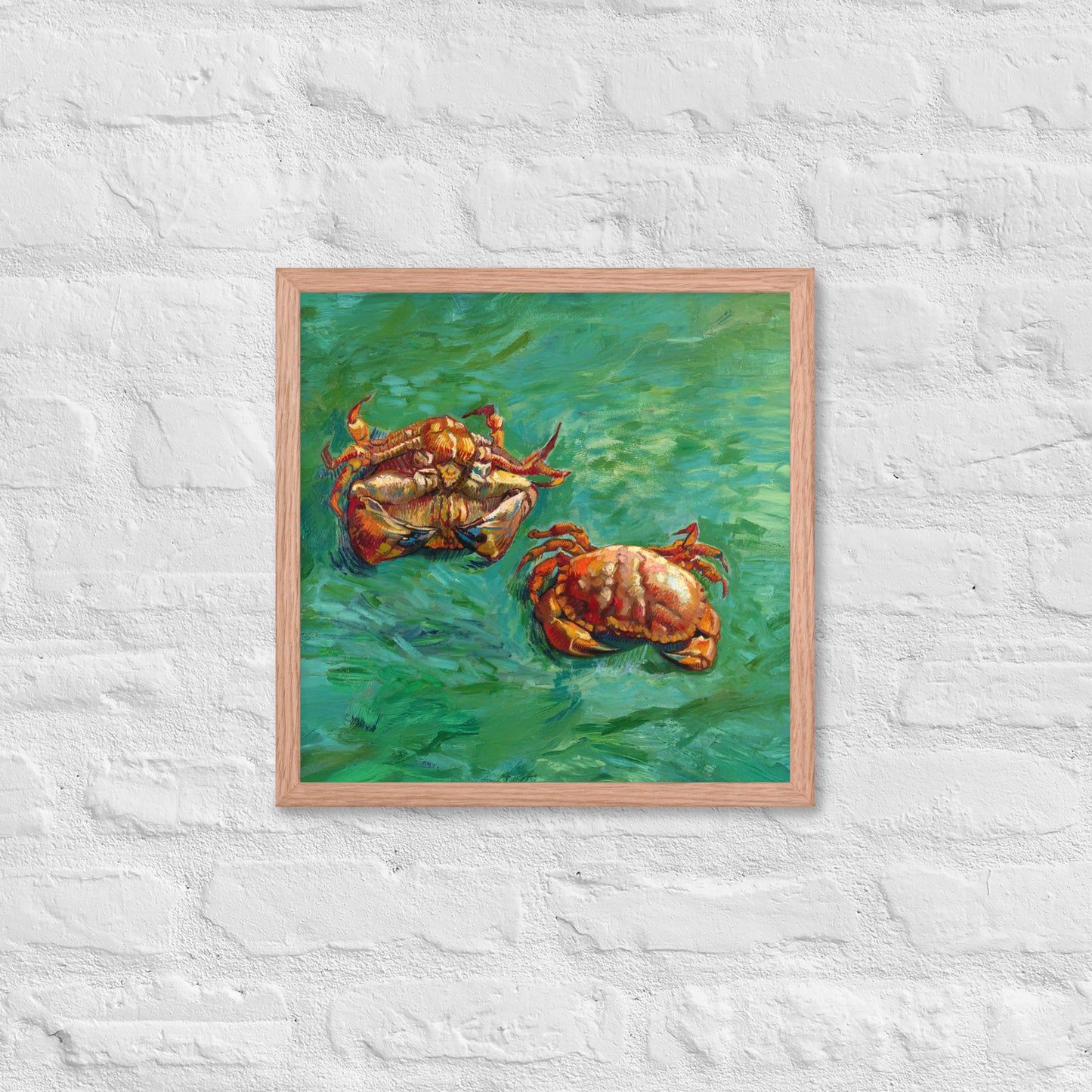 Van Gogh's 'Two Crabs' on a 16"x16" red oak framed poster print on a white brick wall.