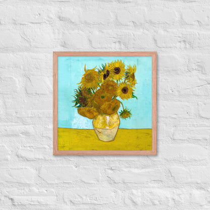 Van Gogh's 'Vase with Twelve Sunflowers' on a 16"x16" red oak framed poster print on a white brick wall.