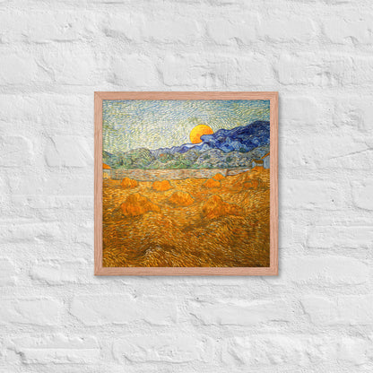Van Gogh's 'Landscape with Wheat Sheaves and Rising Moon' on a 16"x16" red oak framed poster print on a white brick wall.