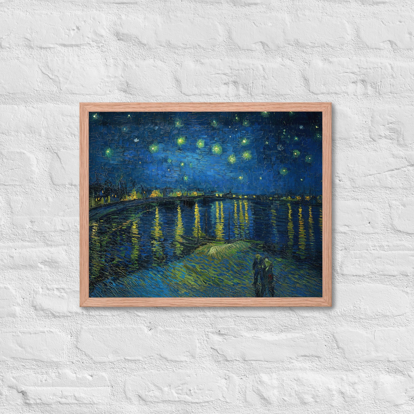 Van Gogh's 'Starry Night Over the Rhone' on a 16"x20" red oak framed poster print on a white brick wall.