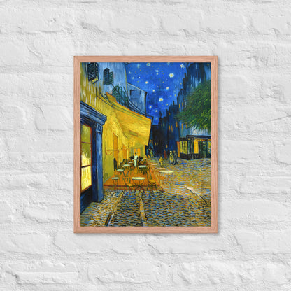 Van Gogh's 'Café Terrace at Night' on a 16"x20" red oak framed poster print on a white brick wall.