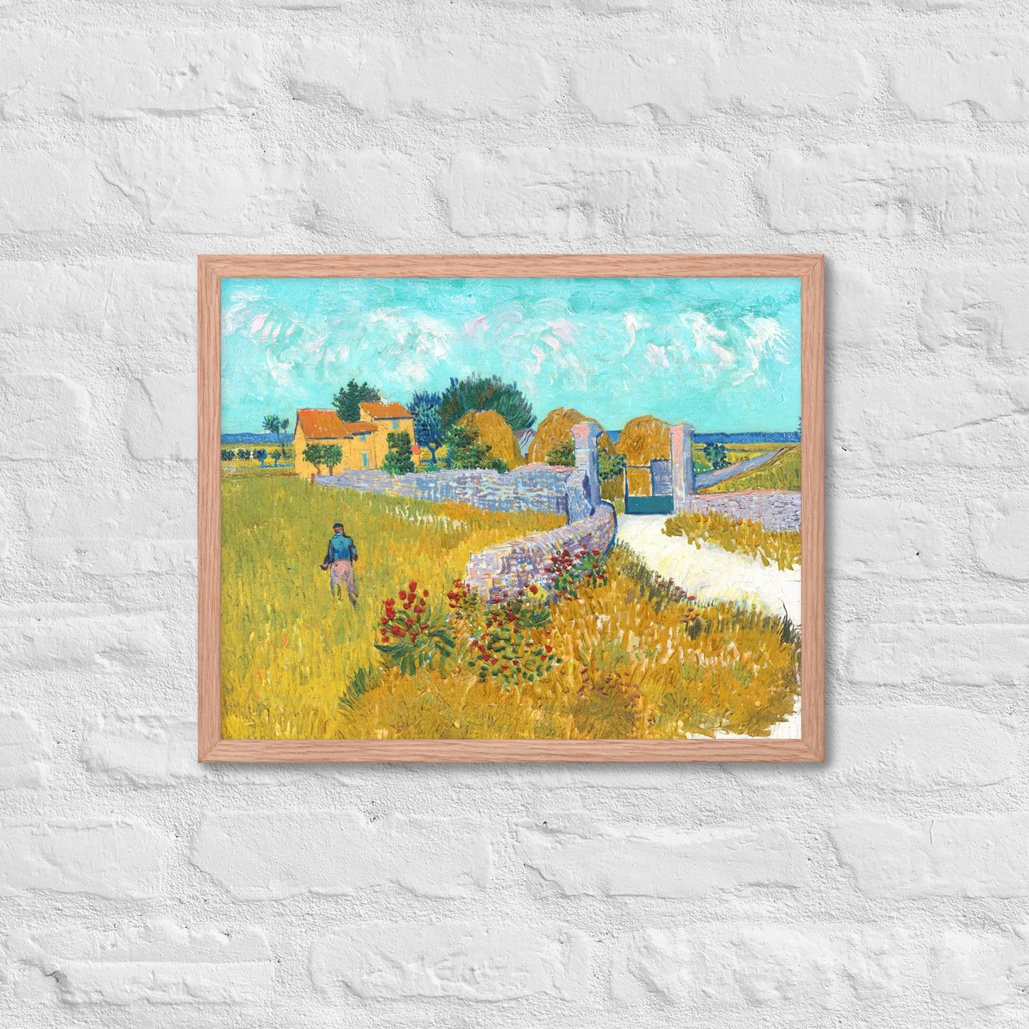 Van Gogh's 'Farmhouse in Provence' on a 16"x20" red oak framed poster print on a white brick wall.