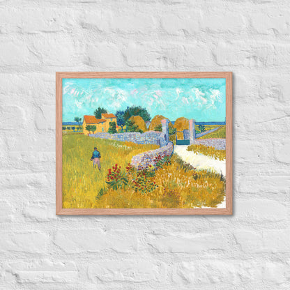 Van Gogh's 'Farmhouse in Provence' on a 16"x20" red oak framed poster print on a white brick wall.