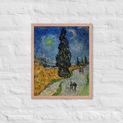 Van Gogh's 'Road with Cypress and Star' on a 16"x20" red oak framed poster print on a white brick wall.