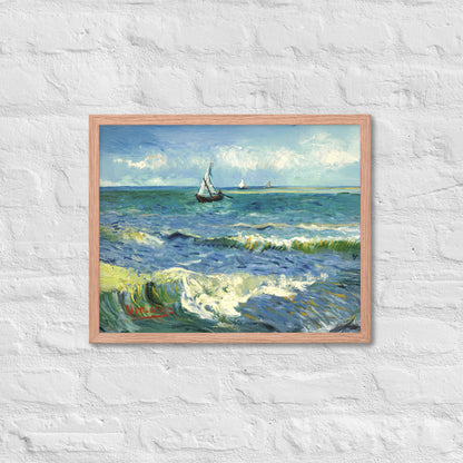 Van Gogh's 'The Sea at Les Saintes-Maries-de-la-Mer' on a 16"x20" red oak framed poster print on a white brick wall.