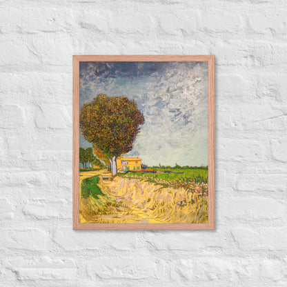 Van Gogh's 'A Lane near Arles' on a 16"x20" red oak framed poster print on a white brick wall.
