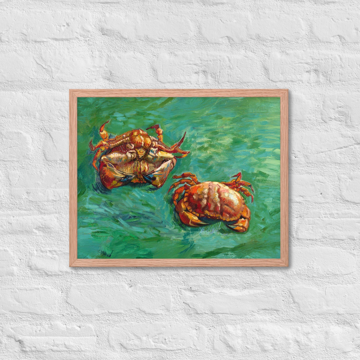 Van Gogh's 'Two Crabs' on a 16"x20" red oak framed poster print on a white brick wall.
