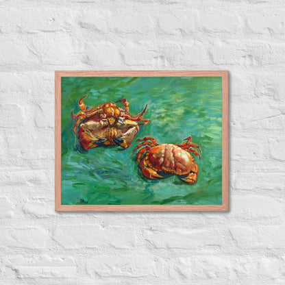 Van Gogh's 'Two Crabs' on a 16"x20" red oak framed poster print on a white brick wall.