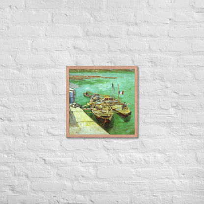 Van Gogh's 'Quay with Men Unloading Sand Barges' on a 18"x18" red oak framed poster print on a white brick wall.