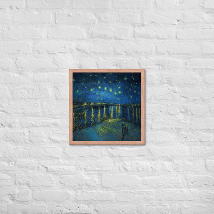 Van Gogh's 'Starry Night Over the Rhone' on a 18"x18" red oak framed poster print on a white brick wall.