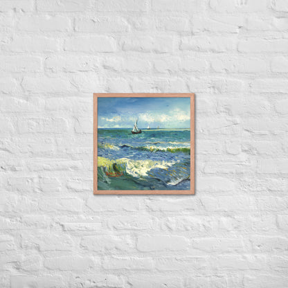 Van Gogh's 'The Sea at Les Saintes-Maries-de-la-Mer' on a 18"x18" red oak framed poster print on a white brick wall.