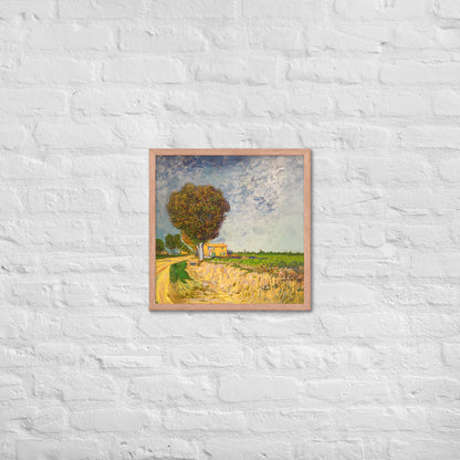 Van Gogh's 'A Lane near Arles' on a 18"x18" red oak framed poster print on a white brick wall.